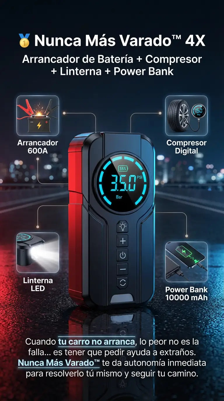 🥇 Nunca Más Varado™ 4X Arrancador de Bateria + Compresor + Linterna + Power Bank