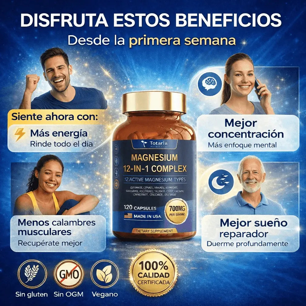 💪 Magnesio 12 en 1:  ⚡ Energía estable,  sueño profundo y mejor recuperación Muscular. 🏋️‍♀️