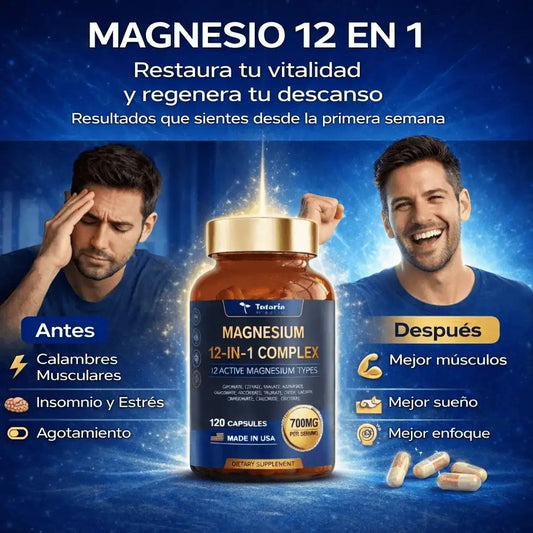 💪 Magnesio 12 en 1:  ⚡ Energía estable,  sueño profundo y mejor recuperación Muscular. 🏋️‍♀️